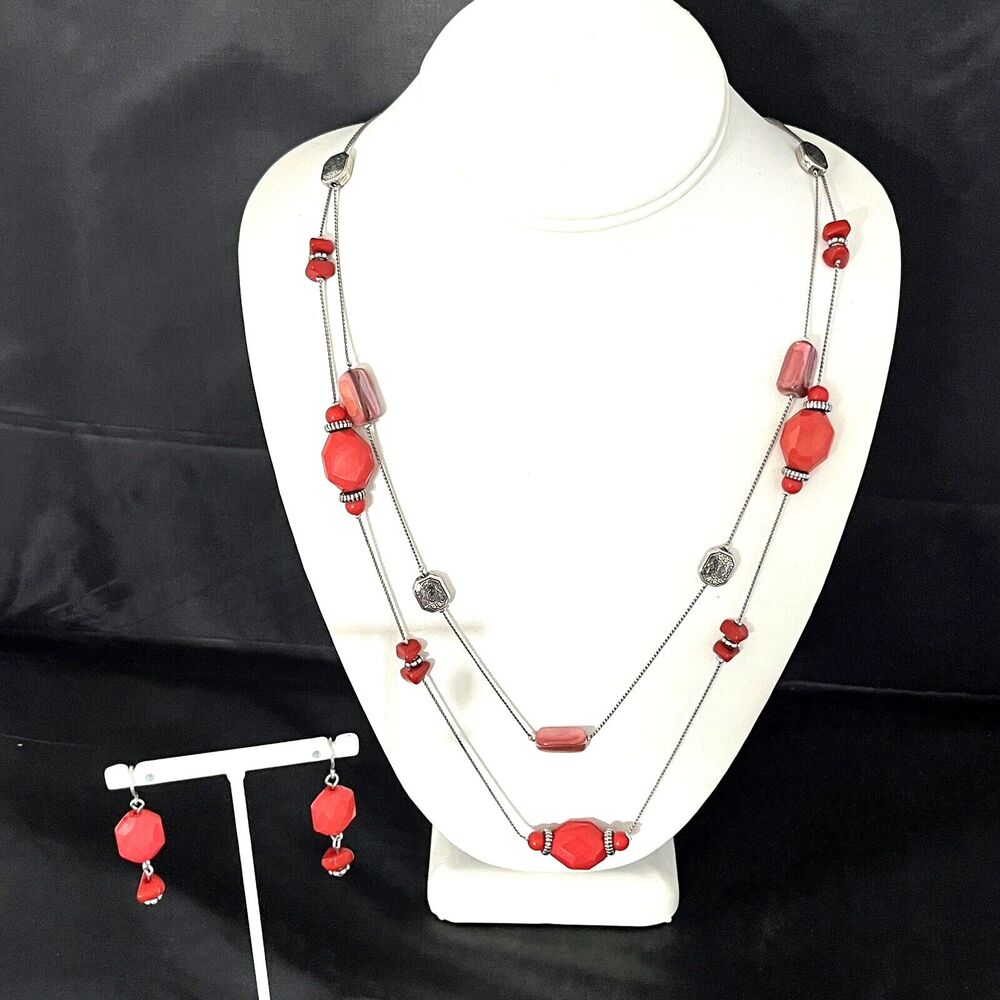 New Necklace & Earring Set Silver Toned Coral Colored Beads Shell Accents - 3Y